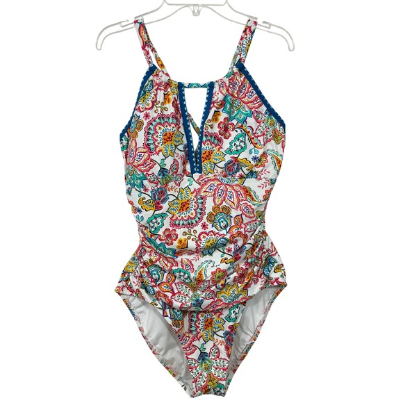 La Blanca Gypsy Soul High Neck Keyhole One Piece Swimsuit Multicolor Paisley 12 - Picture 2 of 9